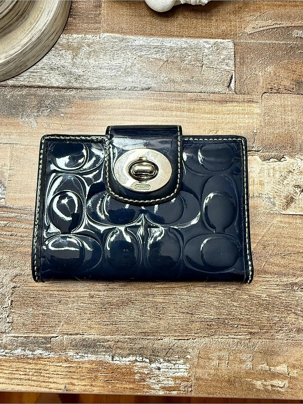 Coach Patent Leather Turnlock Small Wallet Navy